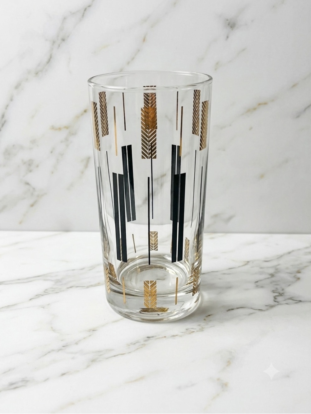 Vintage Frank Maietta High Ball Glass Gold and Black Stripes MCM 5.5”x3”